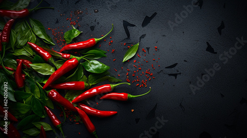 sliced chilis on dark rough stone table. healthy food photography. close-up. product photo for restaurant. generative ai photo
