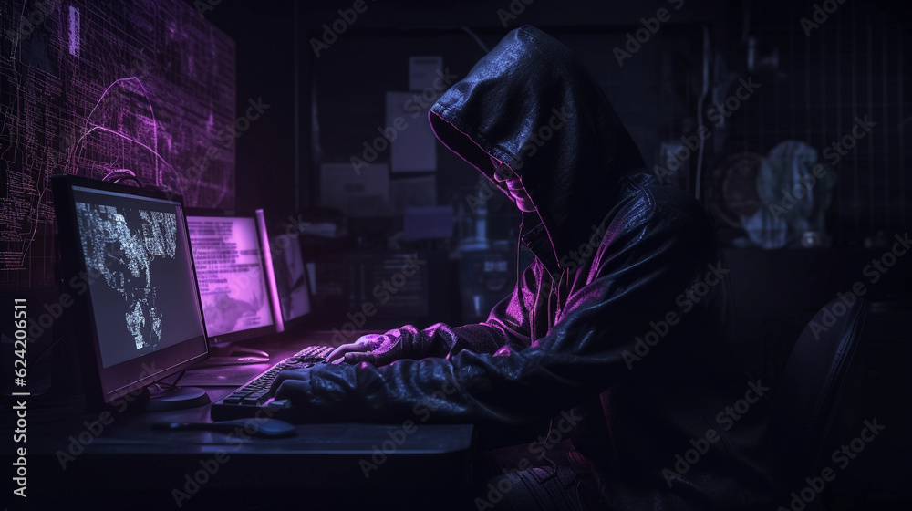 Hacker typing computer. Concept of cybercrime. Cyberattack. Dark web. ai generated