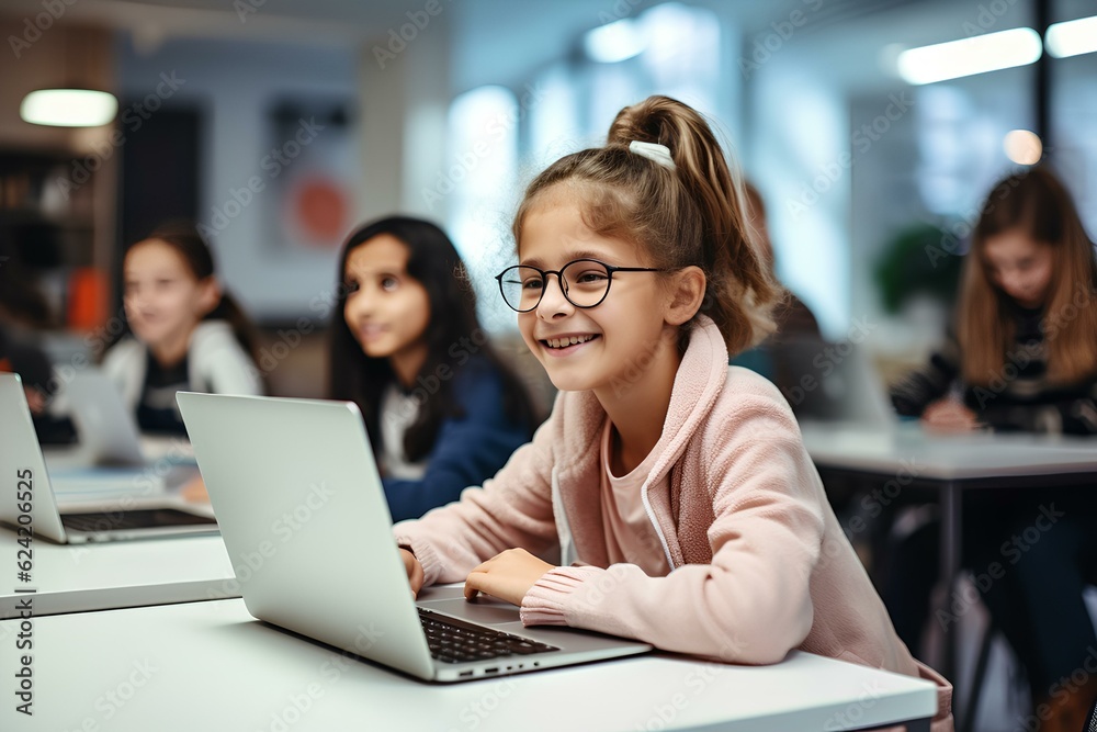basic programming class for kids in a coding classroom, joyfully engaged children in class. generative AI basic programming class for kids in a coding classroom, joyfully engaged children in class. generative AI