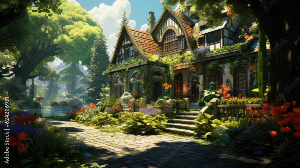 Fototapeta premium cozy house in summer with lots of green trees and plants growing around it. creative illustration. Generative AI
