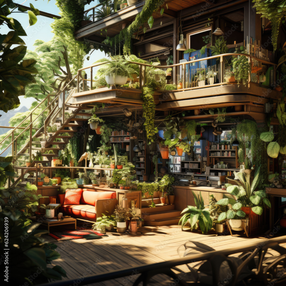 cozy house in summer with lots of green trees and plants growing around it. creative illustration. Generative AI cozy house in summer with lots of green trees and plants growing around it. creative illustration. Generative AI