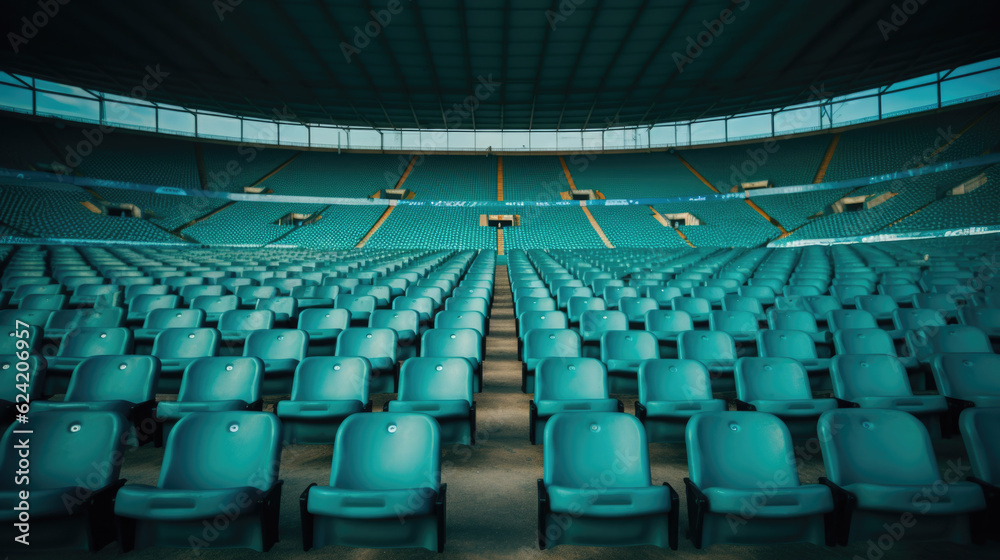 Fototapeta premium empty turquoise seats in a large sports stadium. Generative AI