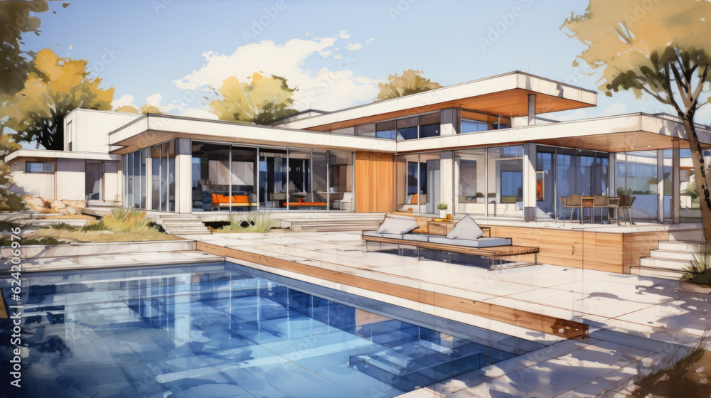 A beautiful, expensive, luxury villa with a large outdoor pool. creative illustration. technical drawing for architects. Generative AI