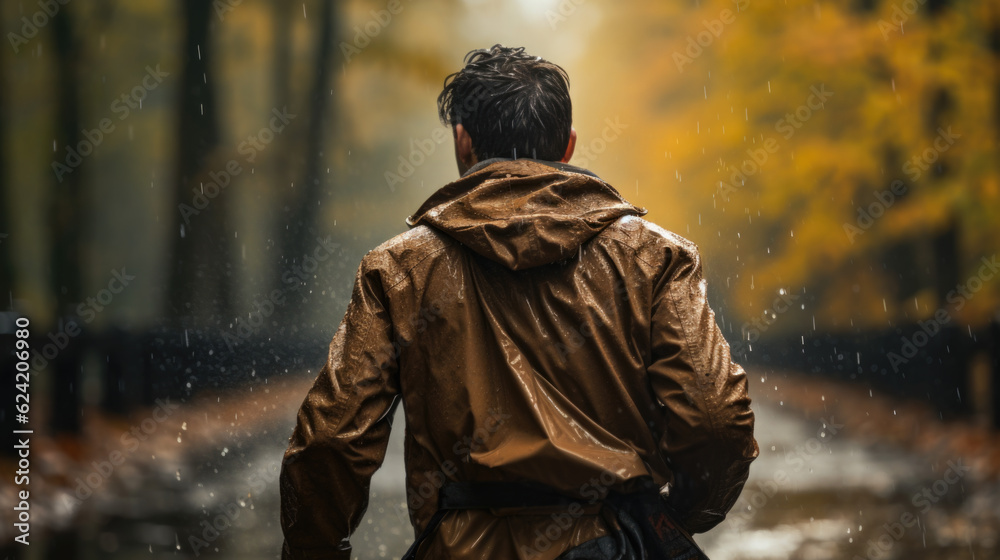 back view of a man with a yellow-brown rain jacket in the rain in the forest in the nature in autumn. Generative AI