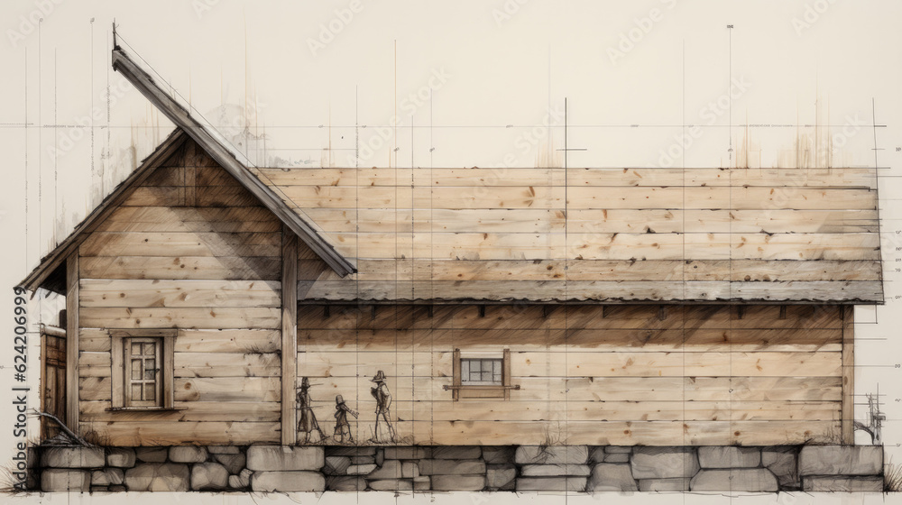 Technical drawing of a wooden log house. Generative AI Technical drawing of a wooden log house. Generative AI
