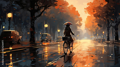 creative illustration of a young woman on a bicycle in rainy weather. orange colors like in autumn. Generative AI