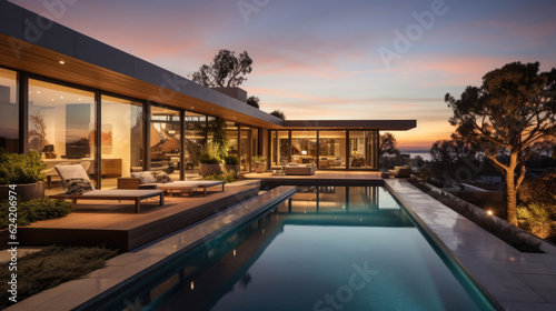 A beautiful  expensive  luxury villa with a large outdoor pool in the evening at sunset. Generative AI