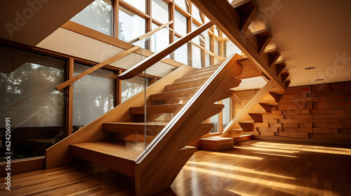a designer wooden staircase in a luxury villa. Generative AI