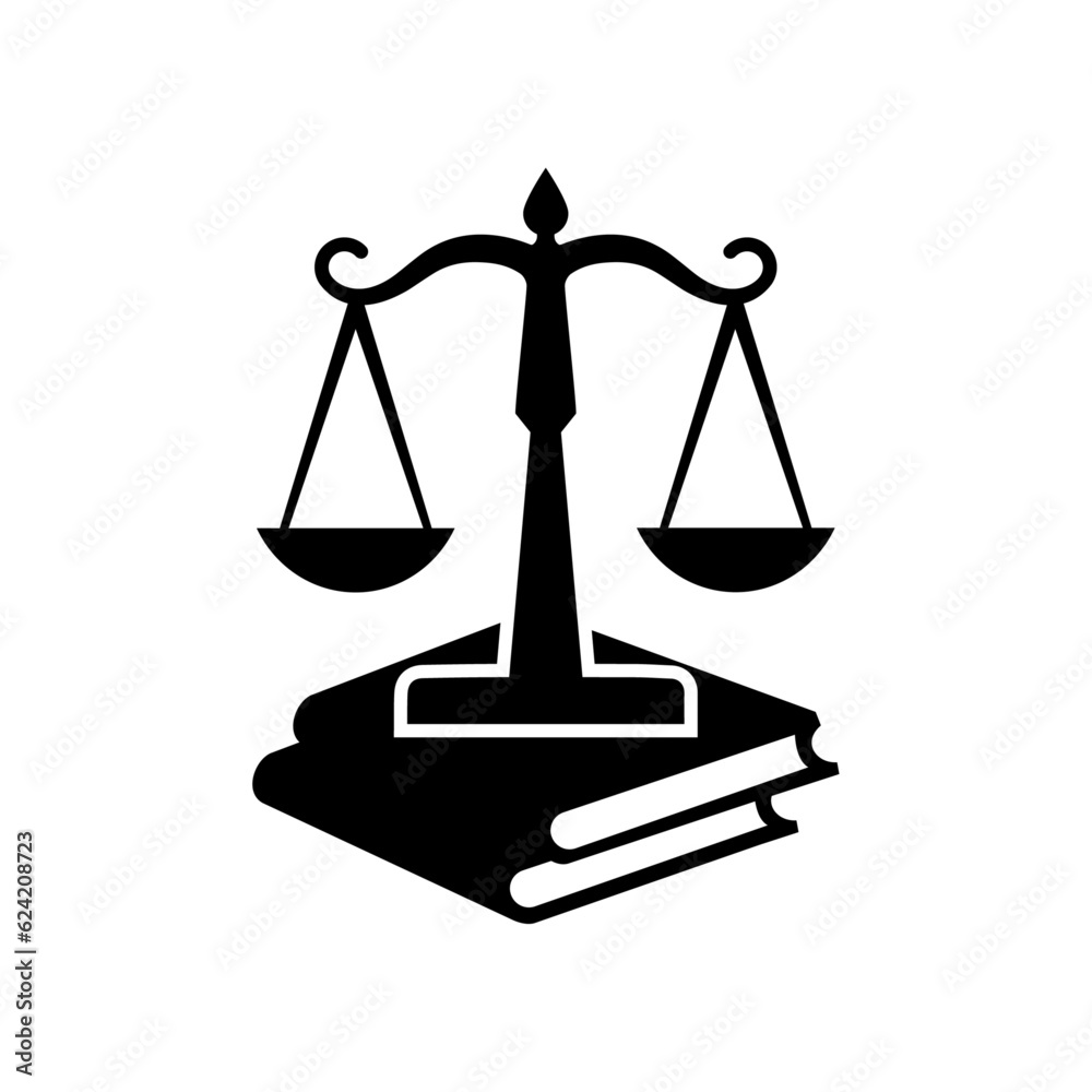 Law icon. Law firm logo design. Justice balance scale. Attorney, legal, judicial council, Law court logo and icon design vector, black and white.