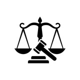 Law icon. Law firm logo design. Justice balance scale. Attorney, legal, judicial council, Law court logo and icon design vector, black and white.