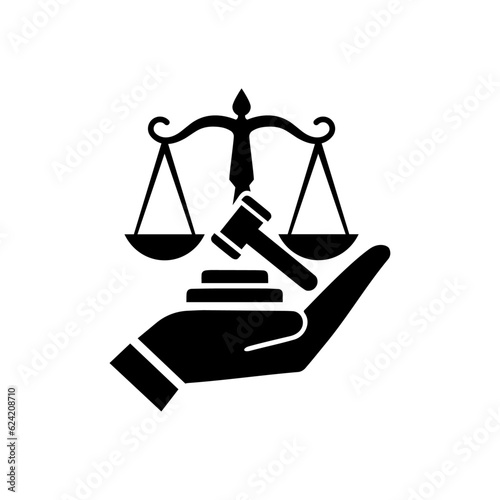 Law icon. Law firm logo design. Justice balance scale. Attorney, legal, judicial council, Law court logo and icon design vector, black and white.
