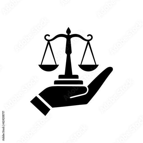 Law icon. Law firm logo design. Justice balance scale. Attorney, legal, judicial council, Law court logo and icon design vector, black and white.