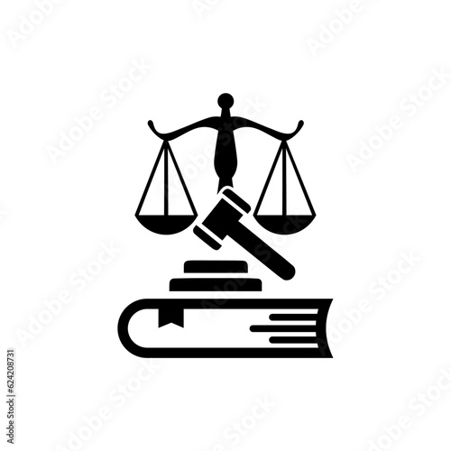 Law icon. Law firm logo design. Justice balance scale. Attorney, legal, judicial council, Law court logo and icon design vector, black and white.