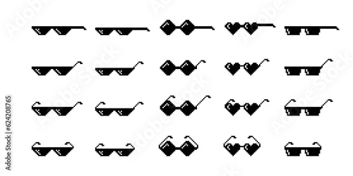 Fototapeta Naklejka Na Ścianę i Meble -  Vector Black and White Pixel Boss Glasses Icon Set in 8 bit Retro Style. Summer Meme Game Thug Design, Mafia Gangster Funky Sunglasses. Rap Music Design Element