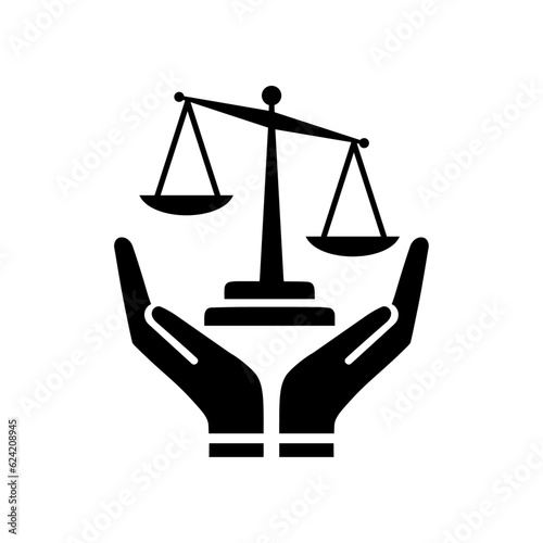 Law icon. Law firm logo design. Justice balance scale. Attorney, legal, judicial council, Law court logo and icon design vector, black and white.