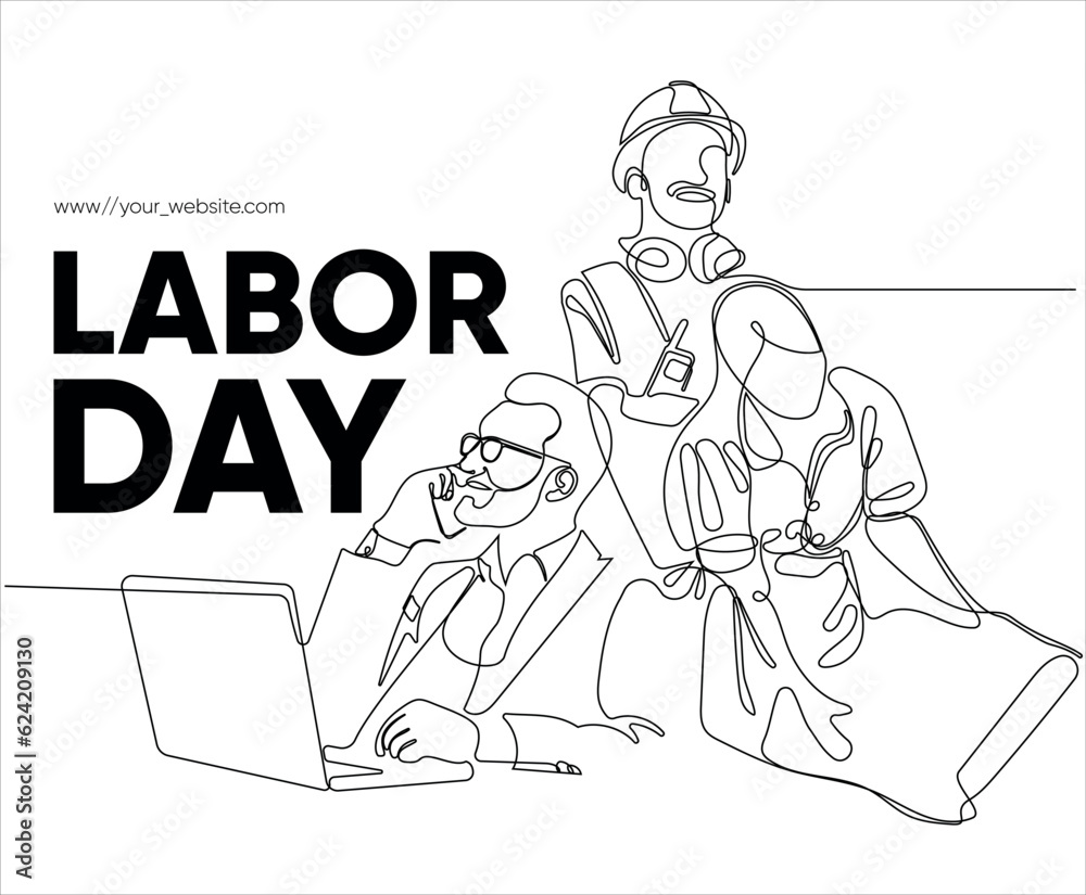 Fototapeta premium Happy Labour Day simple vector web banner. Set of tools. Lettering Labour Day. Black and white background, banner, poster. Vector illustration