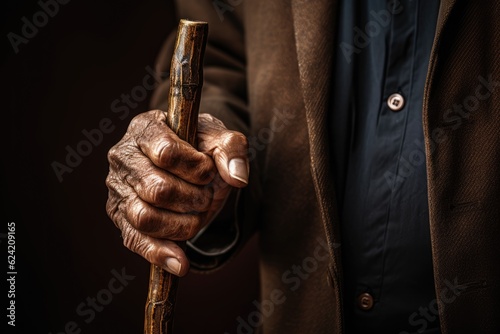Close-up of the hands of an old man holding a cane.old man holding a cane. ai generative