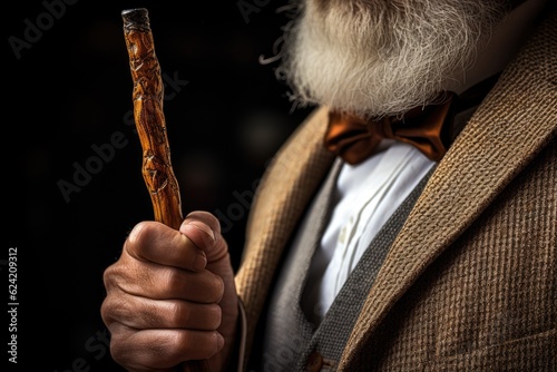 Close-up of the hands of an old man holding a cane.old man holding a cane. ai generative photo