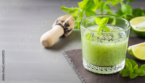 A glass of healthy drink with basil seeds tukmaria and lime juice. Healthy lifestyle. Copy space