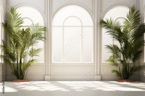 Abstract white studio background for product presentation. Empty room with shadows from windows and flowers and palm leaves. 3D room with copy space. Ai generative