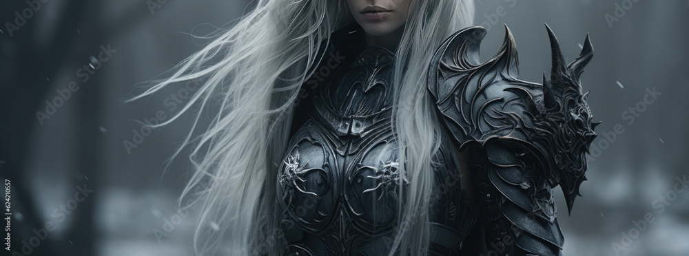 Obraz premium a woman from a fairy tale with white hair and fantasy armor. Generative AI