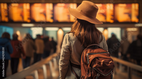 a young pretty woman traveling in an airport. Generative AI