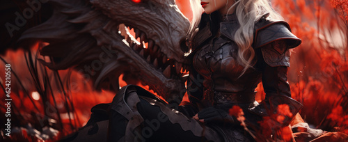a woman from a fairy tale with white hair and fantasy armor with a dragon. Generative AI