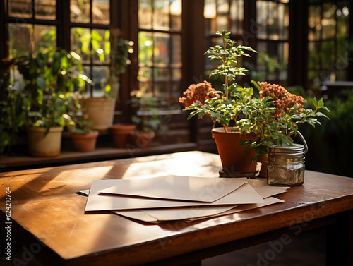 Wallpaper Mural paper on the wooden table, real photography with smooth lighting and sun light AI generate Torontodigital.ca
