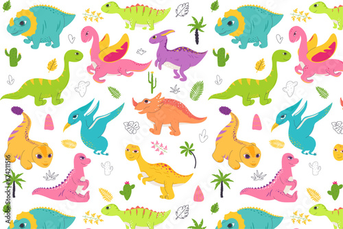 dinosaurs seamless pattern, colorful doodles, doodle wallpaper print texture, baby doodle graphic element, character, decorative element   © Arniya
