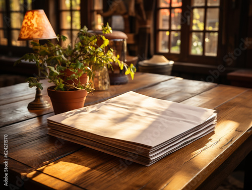 paper on the wooden table, real photography with smooth lighting and sun light AI generate