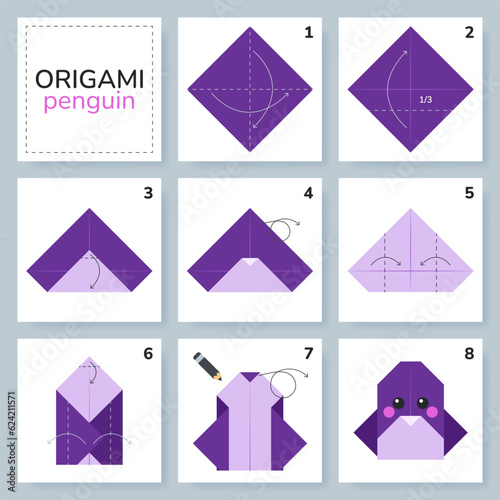 Penguin origami scheme tutorial moving model. Origami for kids. Step by step how to make a cute origami penguin. Vector illustration.