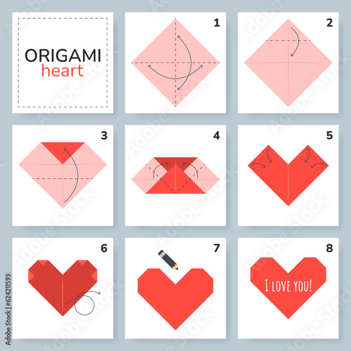 Heart origami scheme tutorial moving model. Origami for kids. Step by step how to make a cute origami heart. Vector illustration.