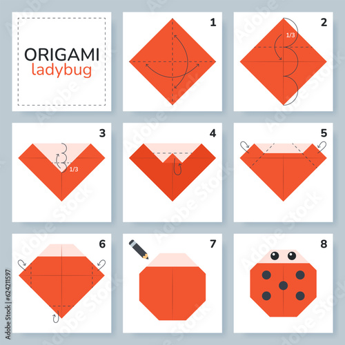 Ladybug origami scheme tutorial moving model. Origami for kids. Step by step how to make a cute origami insect. Vector illustration.