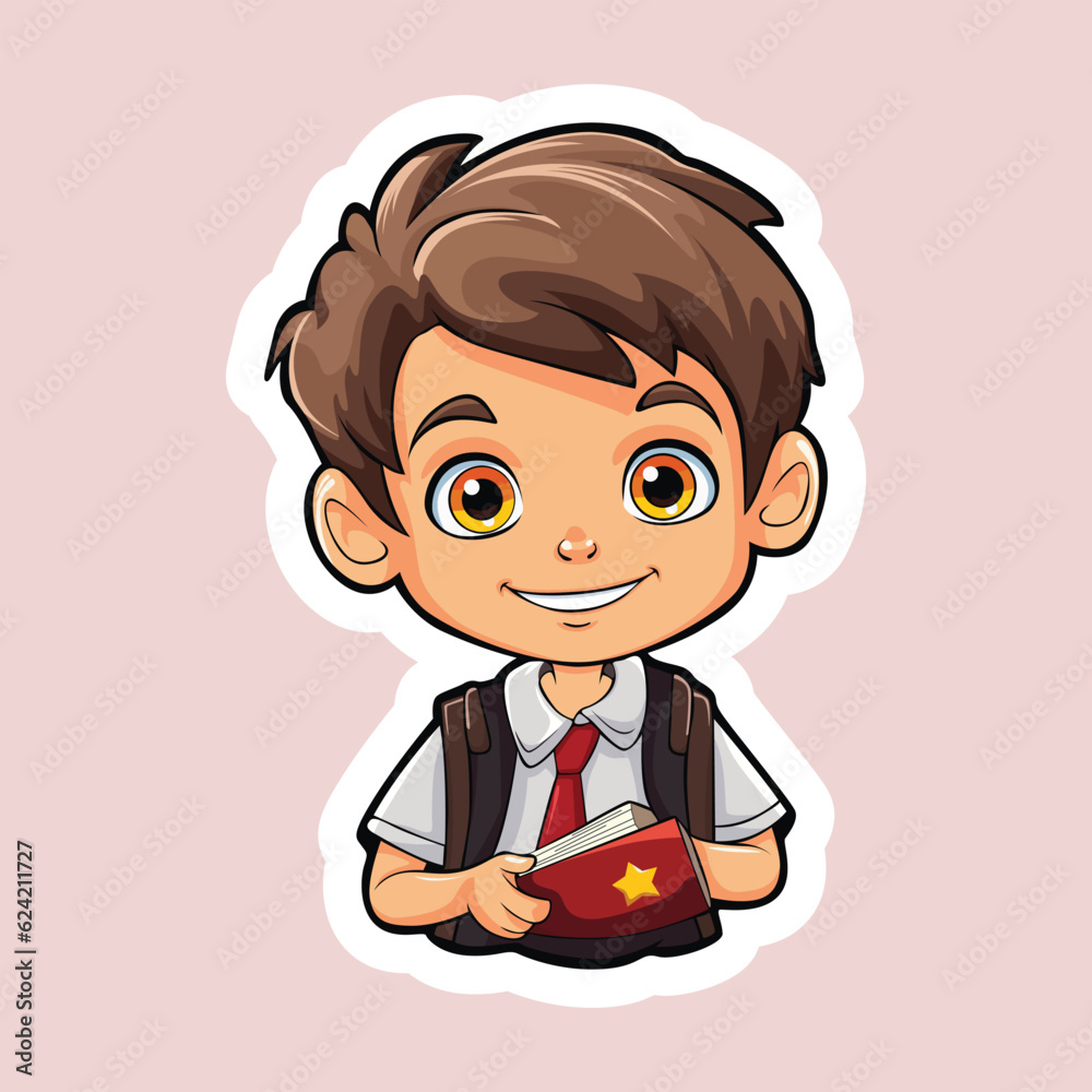 A fun back-to-school sticker design featuring a cartoon boy, perfect for education-themed projects and playful designs. A fun back-to-school sticker design featuring a cartoon boy, perfect for education-themed projects and playful designs.