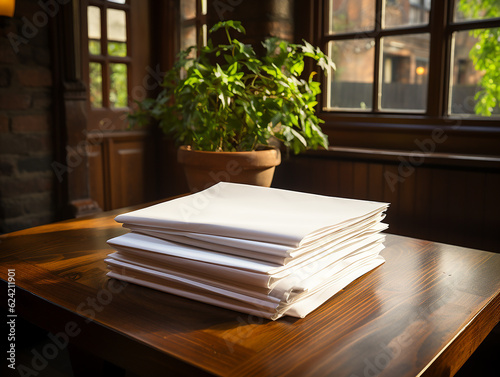 paper on the wooden table  real photography with smooth lighting and sun light AI generate