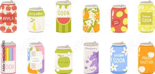 Drinks in cans, different soda beverage can. Juicy limonade packaging design, fizzy soft refreshing juice. Summer party, cartoon snugly vector clipart