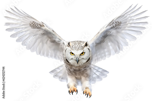 Snowy Owl in Flight on White Background. AI generated Illustration.