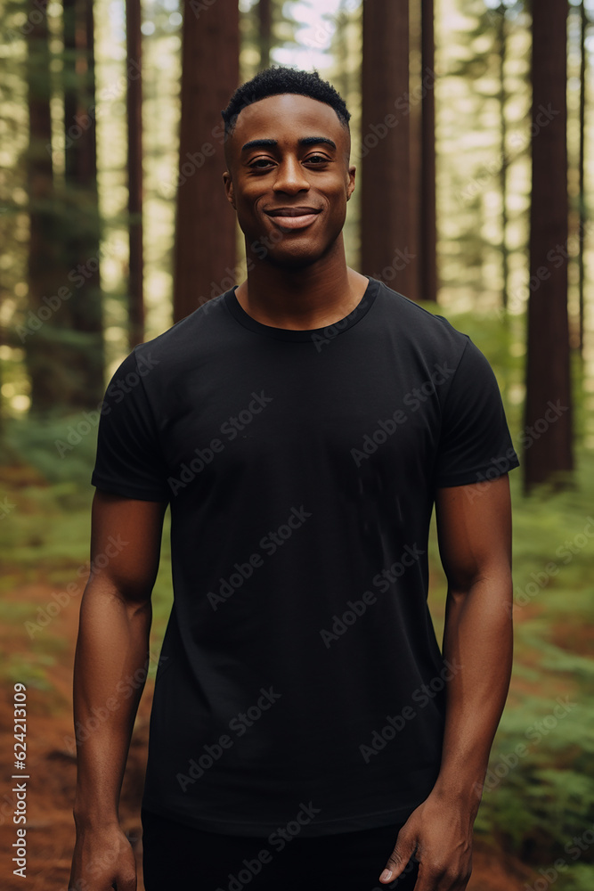 An African American male model wearing a black t-shirt, a t-shirt mockup An African American male model wearing a black t-shirt, a t-shirt mockup
