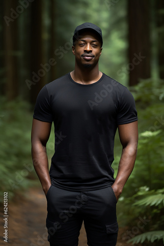 An African American male model wearing a black t-shirt, a t-shirt mockup