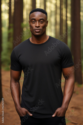 An African American male model wearing a black t-shirt, a t-shirt mockup