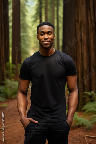 An African American male model wearing a black t-shirt, a t-shirt mockup