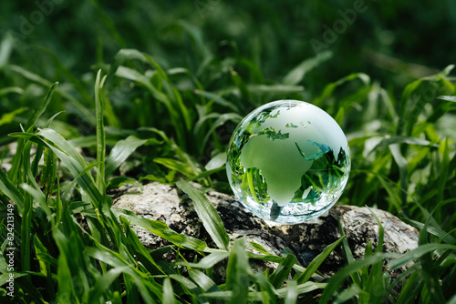 Environment Earth Day In globe glass on green grass forest with sunlight. Saving the environment, and environmentally sustainable. Save Earth. Concept of the Environment World Earth Day