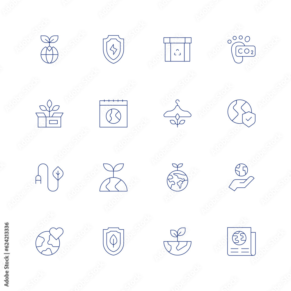 Ecology line icon set on transparent background with editable stroke. Containing earth, save energy, eco packaging, carbon footprint, package, calendar, eco friendly, eco energy, ecology, green earth.