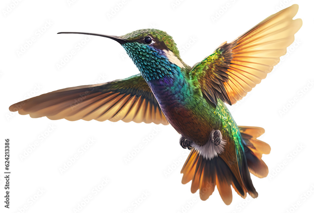 Obraz premium Beautiful Hummingbird in Flight on white background . AI generated Illustration.