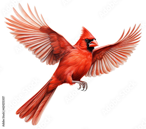 Photographie Northern Cardinal Bird in Flight on White Background