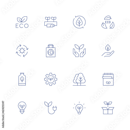 Ecology line icon set on transparent background with editable stroke. Containing eco friendly, eco energy, eco, solar energy, eco bag, ecology, environmental protection, packaging, gear, trees.
