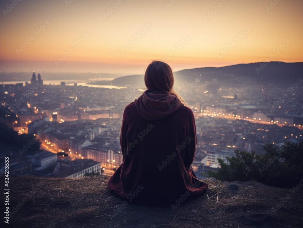 Silhouette of a person at sunset, looking out over a bustling city.