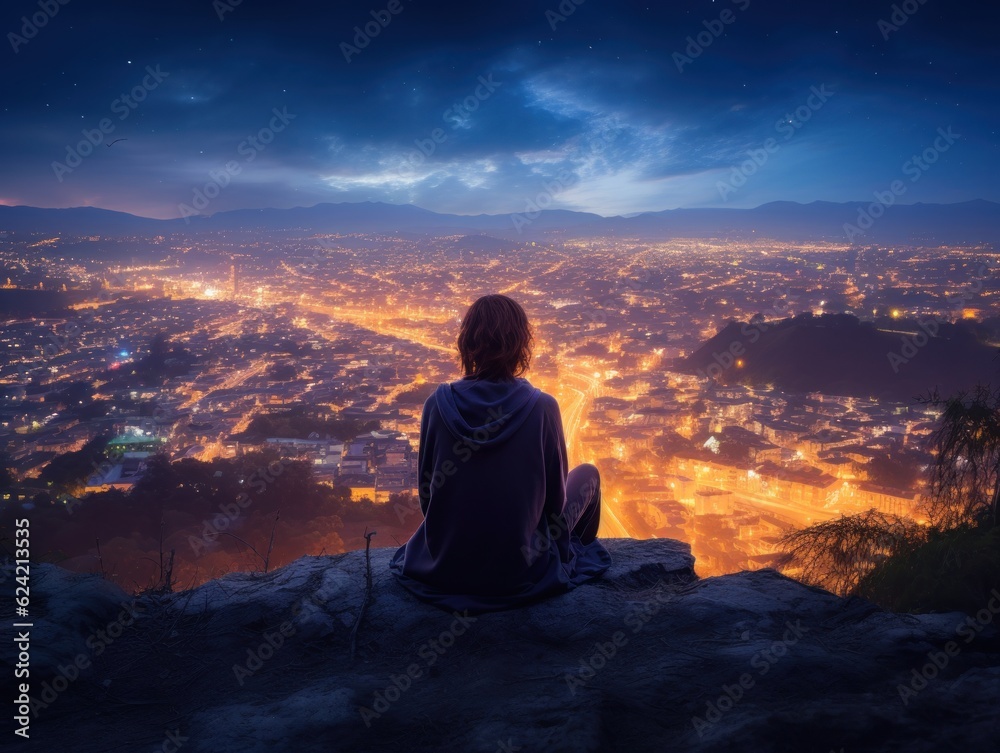 A girl sits on a hillside at dusk, looking out over a bustling city.
