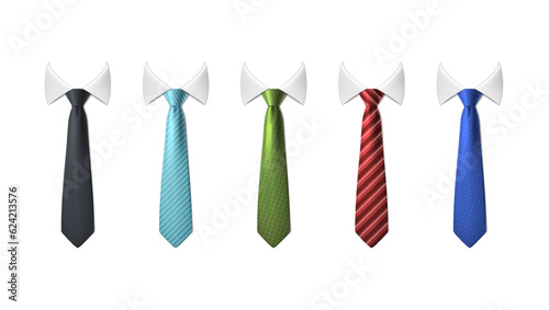 set of colorful ties in red, black, blue, green.