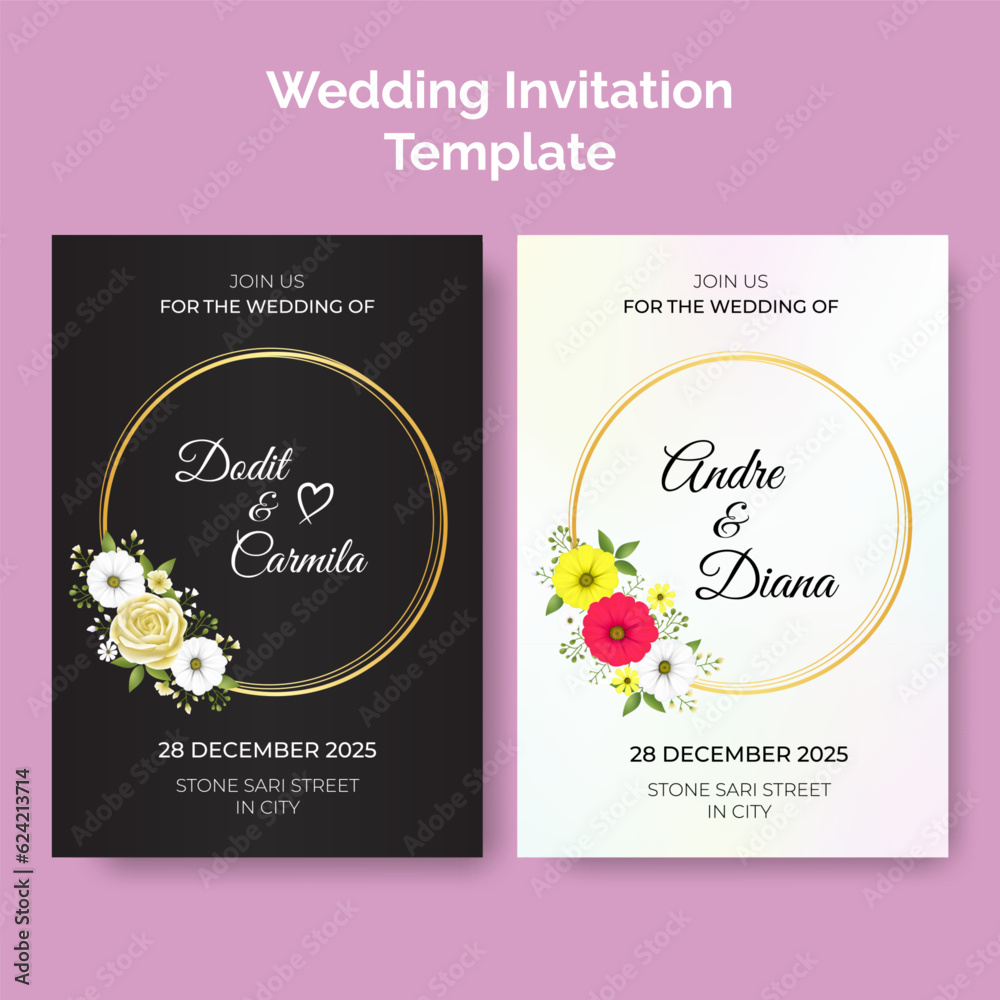 Wedding invitation card template design, save the date, thank you design with daisy flower and botanical leaves vector